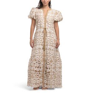SOLITAIRE White/tan Puff Sleeve Embroidered Lace Maxi Dress